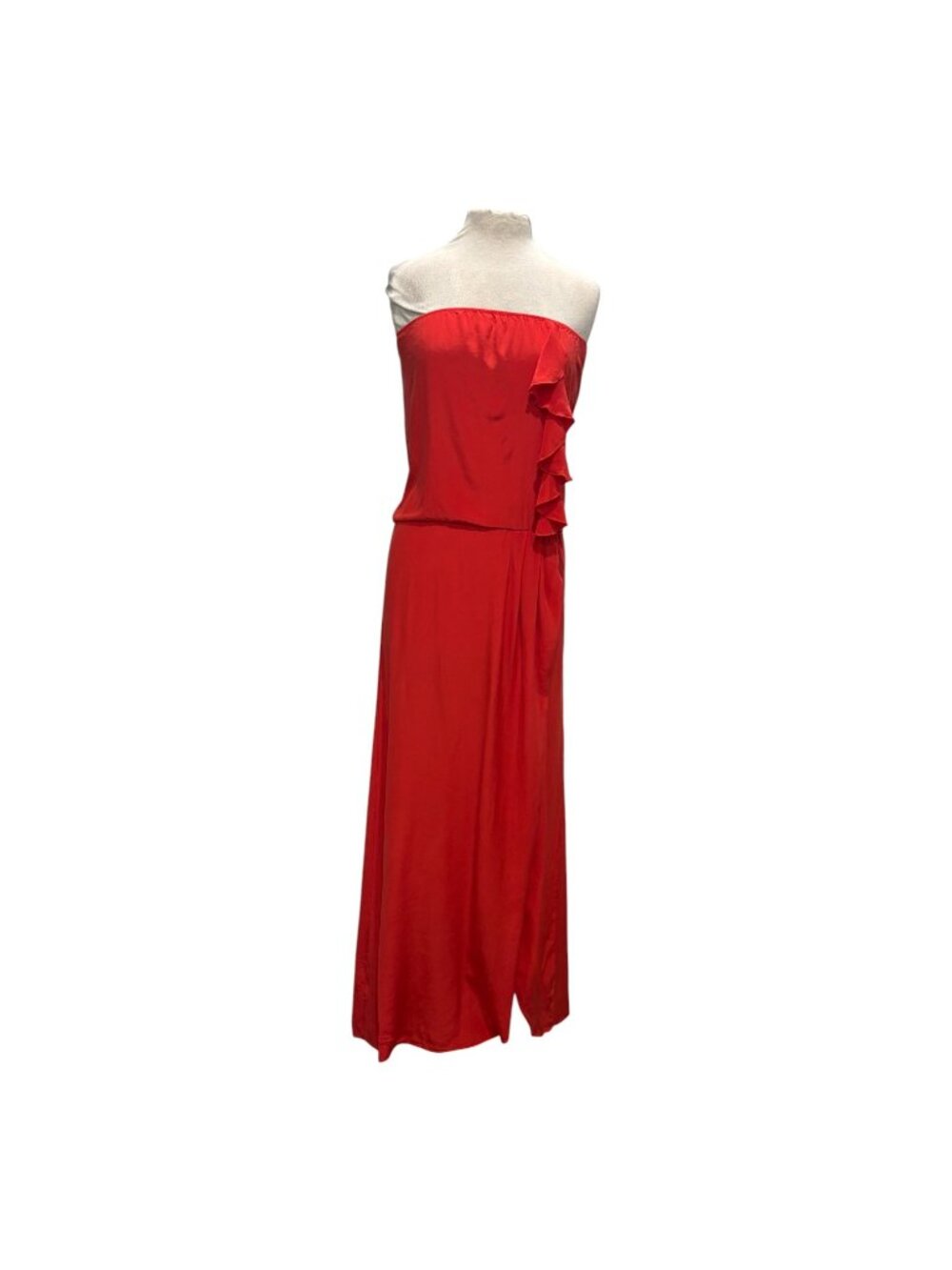 Karina Grimaldi 100% Silk Strapless Maxi Dress Red Ruffle Side Slit Size M USA - Picture 2 of 10